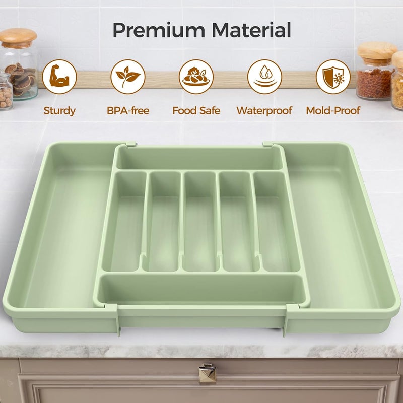 ukeetap Extra Large Expandable Silverware Organizer, BPA-Free Food-Safe Cutlery Flatware Organizer, Kitchen Utensil Drawer Organizer, Adjustable Silverware Holder for Spoons Forks Knives, Green - Image 4